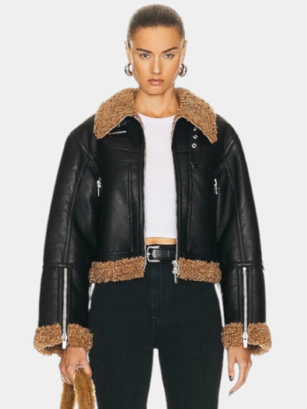 A.L.C. Black Leather Jacket with Tan Sherpa Lining